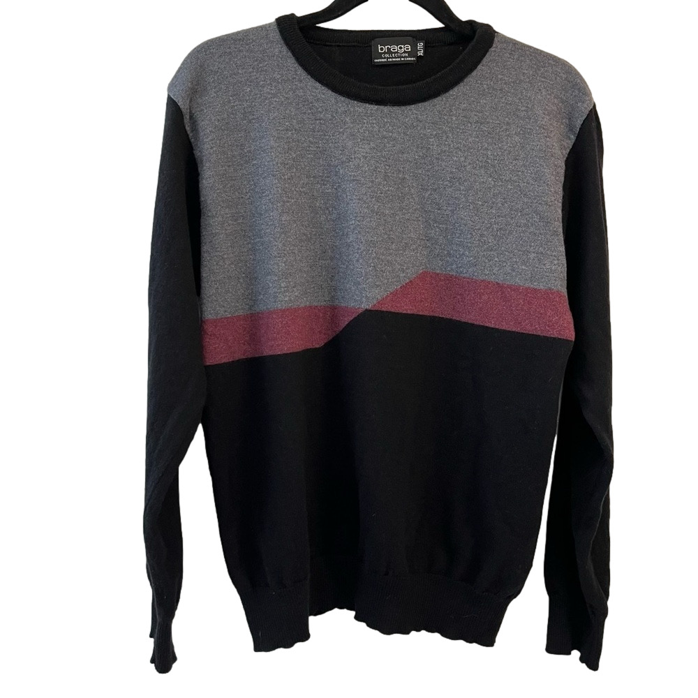 Vintage Braga Men’s 100% Merino Wool Crew Neck Black Burgundy Grey Sweater XL